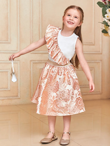 Toddler Girls 1pc Ruffle Trim Tank Top & 1pc Floral Jacquard Skirt