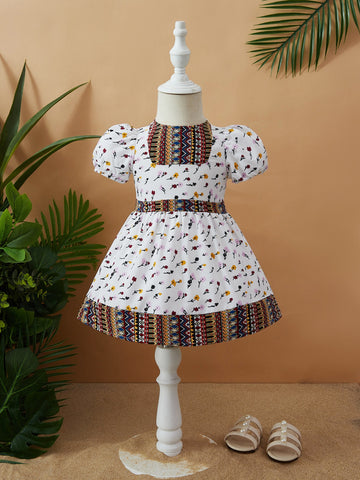 Baby Girl Argyle & Floral Print Puff Sleeve Dress