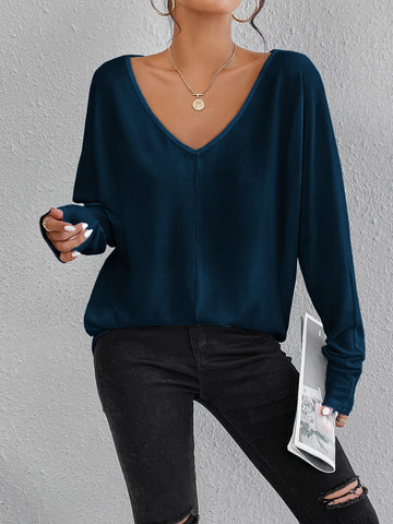 Solid V Neck Batwing Sleeve Tee