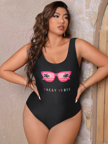 Summer Beach Plus Letter Graphic One Piece Swimsuit