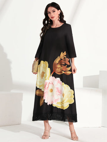 Floral Print Fringe Hem Tunic Dress
