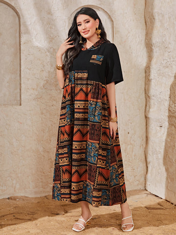 Patchwork Print Pocket Patched Arabian Dress