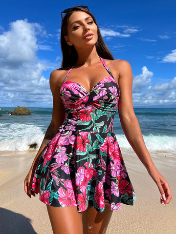 Floral Print Twist Front Halter Neck Ruched Bust One Piece Swimsuit