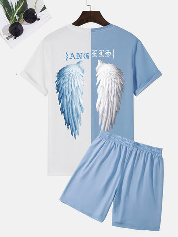 Men Wings & Letter Graphic Two Tone Tee & Shorts