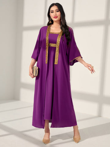 Contrast Sequin Open Front Abaya & Dress Set