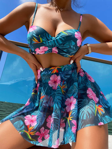 Tropical Print Push Up Bikini Swimsuit With Beach Skirt