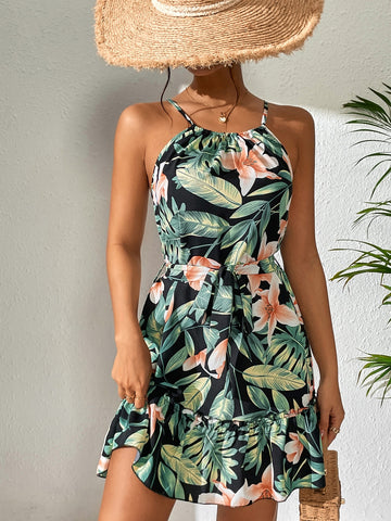 Tropical Print Ruffle Hem Belted Cami Dress
