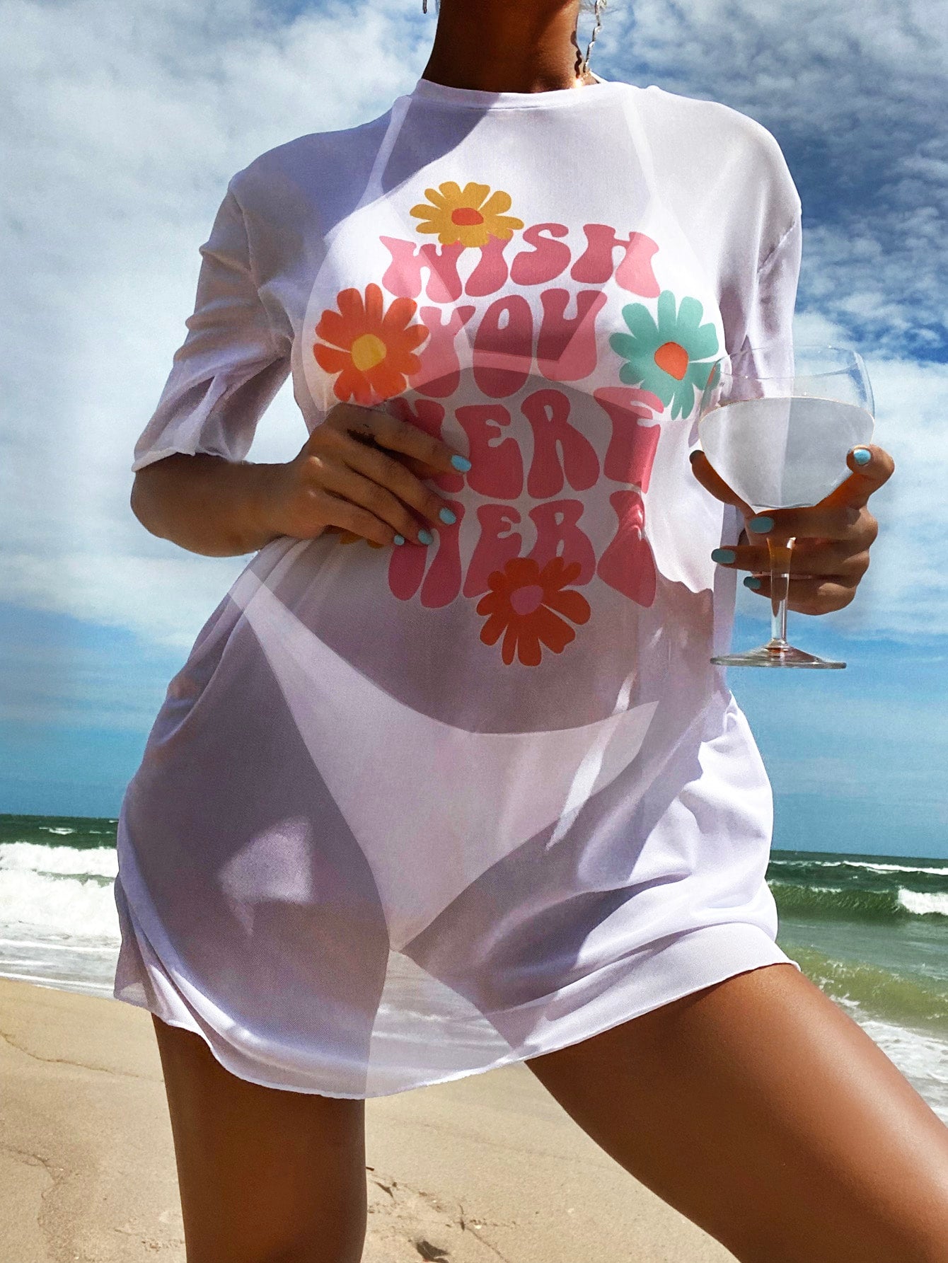 Summer Beach Floral & Slogan Graphic Cover Up