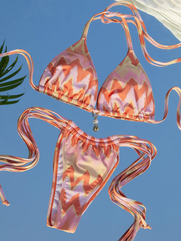 Summer Beach Chevron Print Pearls Detail Halter Triangle Tie Side Bikini Swimsuit