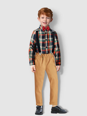 Toddler Boys Plaid Print Bow Front Shirt & Suspender Pants