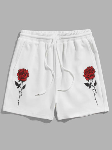 Men Letter and Floral Print Drawstring Waist Shorts