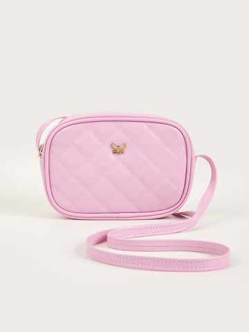 1pc Girls' Pink Pu Plaid Stitching Fashion Square Crossbody Bag For Daily Use
