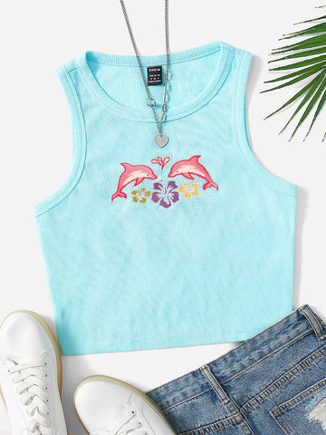 Embroidery Dolphin and Floral Pattern Crop Tank Top