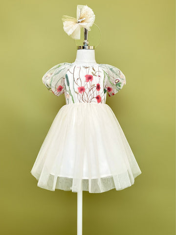 Toddler Girls Floral Embroidery Puff Sleeve Mesh Overlay Dress
