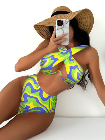 Colorful Wave Print Crisscross Underwire Bra & High Waisted Bottom 2 Piece Bathing Suit