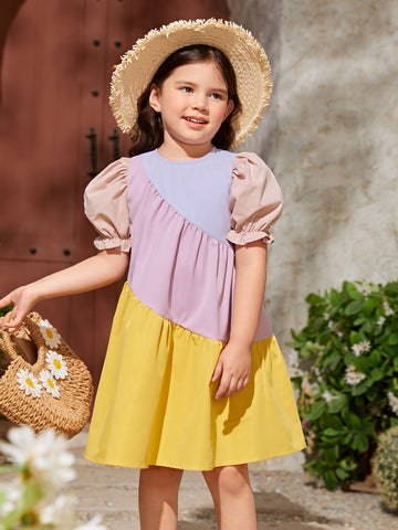 Toddler Girls Colorblock Puff Sleeve Smock Dress