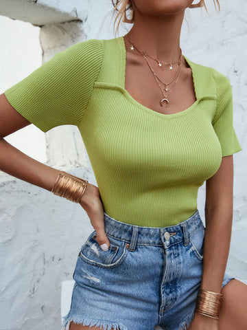 Sweetheart Neck Ribbed Knit Top