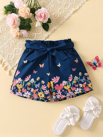 Young Girl Butterfly And Flower Printed Blue Shorts For Summer Vacation