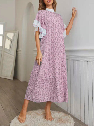 Ditsy Floral Mock Neck Ruffle Trim Butterfly Sleeve Dress