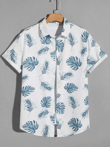 Men Tropical Print Roll Sleeve Button Through Shirt