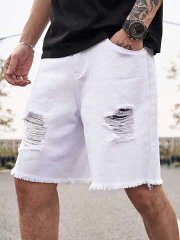 Men Ripped Frayed Raw Hem Bermuda Oversize Denim Shorts