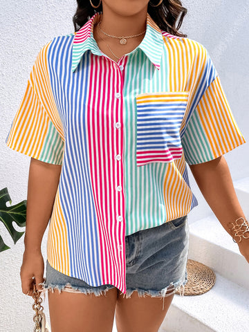 Plus Striped Print Colorblock Drop Shoulder Shirt