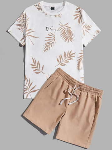 Men Tropical Print Tee & Drawstring Waist Shorts