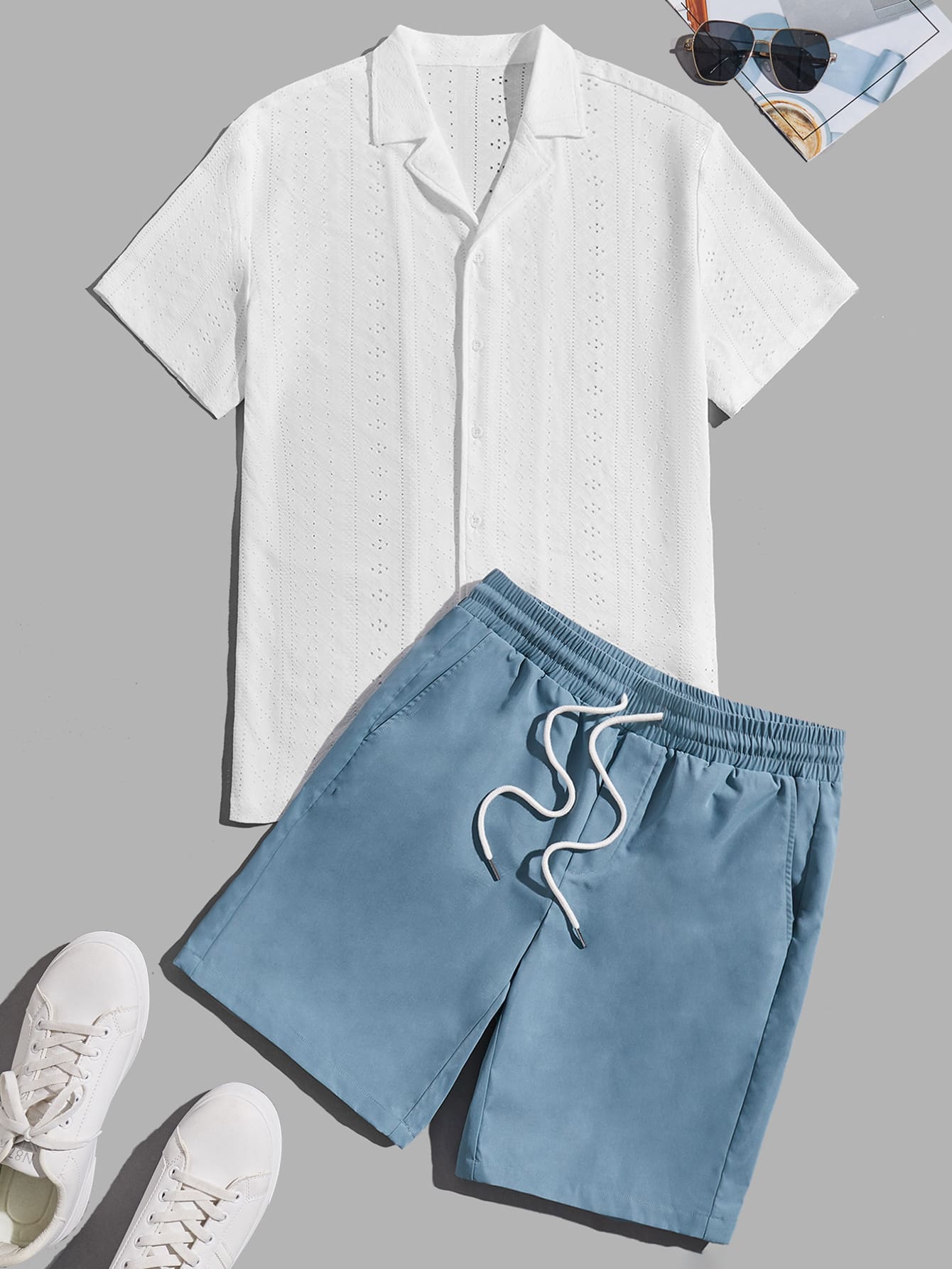 Loose Fit Men's Solid Color Button Front SchiffyShirt & Drawstring Waist Shorts