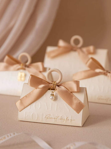 5pcs/set Paper Gift Box(With Faux Pearl), Letter Graphic Bow Decor Party Favor Goodie Box For Wedding Party