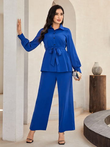 Solid Belted Shirt & Wide Leg Pants