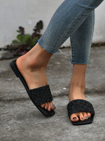 Women Sequins Decor Slide Sandals, Glamorous Black Flat Sandals