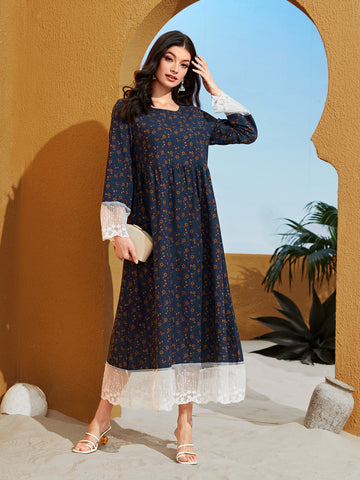 Ditsy Floral Print Embroidery Mesh Smock Dress