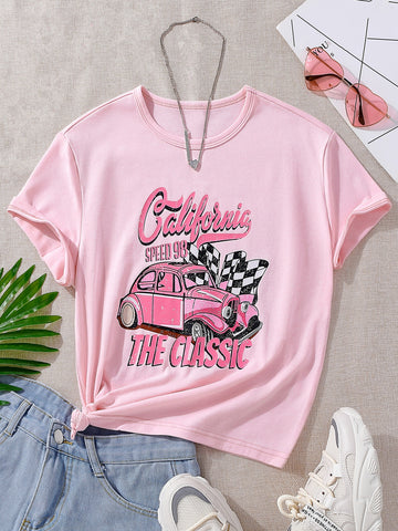 Tween Girl Car And Letter Graphic Tee