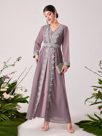Floral Applique Belted Abaya Set