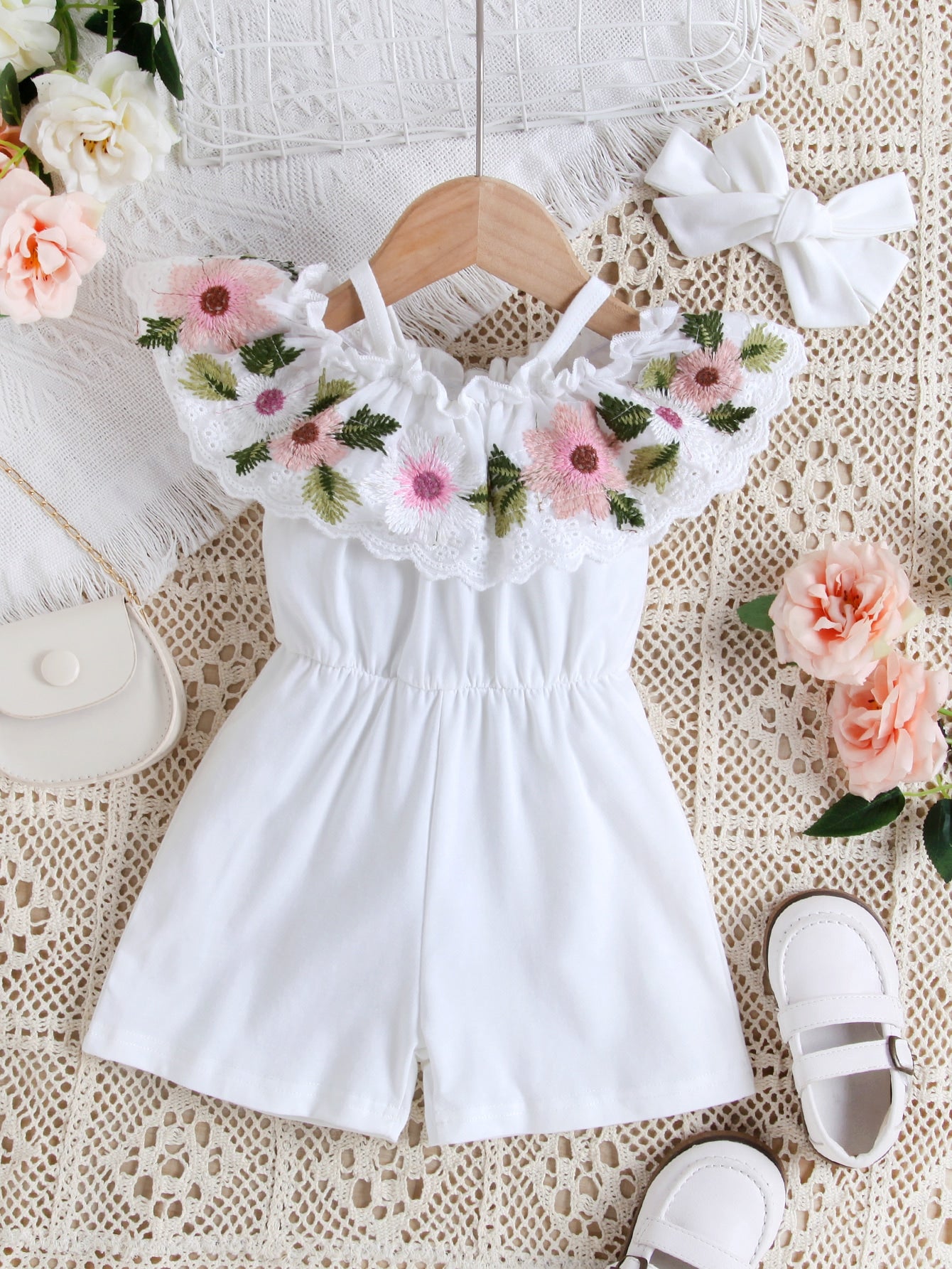 Baby Girl Floral Embroidery Ruffle Trim Romper
