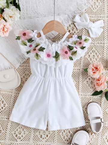 Baby Girl Floral Embroidery Ruffle Trim Romper