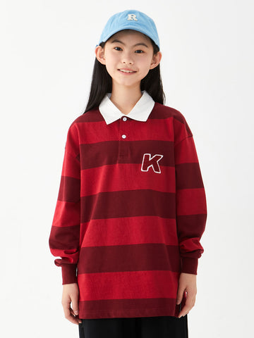 Tween Girls' Japanese Style Striped Long Sleeve T-shirt With Lapel For Spring And Autumn