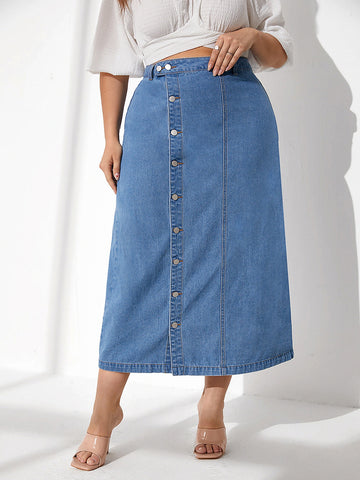 Plus High Waist Button Front Denim Skirt