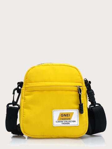 Mini Square Bag Letter Patch Decor Yellow, Handbag Schoolbag Sling Bag Sport Bag For High School University Student For Travel College School Crossbody Bag Shoulder Bag Side Bag Square Bag For Holiday Travel Essentials Summer Gifts For Boyfriend Men Gifts