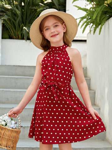 Tween Girls' Classic Polka Dot Print Halter-Neck Dress With Belt For Casual Occasions