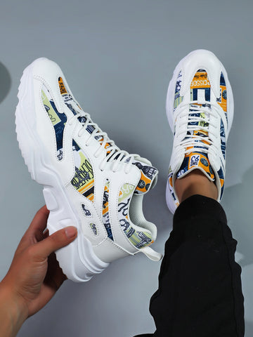 Women Letter Graphic Lace Up Front Sneakers, Sporty Chunky Sneakers For Outdoor