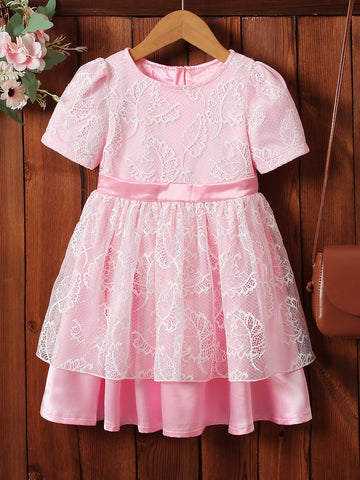 Young Girls Lace Overall Puff Sleeve Two Layer Hem Party Dress