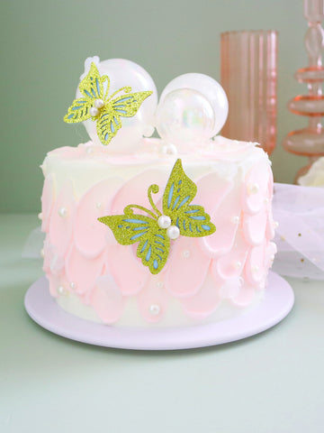 2pcs Fake Pearl Decor Butterfly Design Cake Topper, Paper Cake Top Decoration For Birthday Party