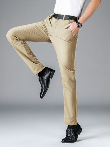 Men Solid Slant Pocket Suit Pants Without Belt