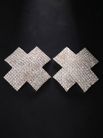 1pair Glamorous Rhinestone Decor Geometric Design Nipple Cover For Women For Gift