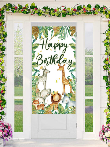 1pc 60*120cm Jungle Animal Style Polyester Banner Background Cloth With"Happy Birthday", Hunting Theme Boy Girl Birthday Party Indoor Outdoor Door Decoration Supplies Door Curtain, Party Room Wall Decoration