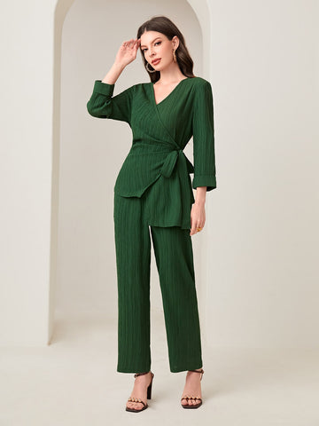 Solid Belted Blouse & Pants