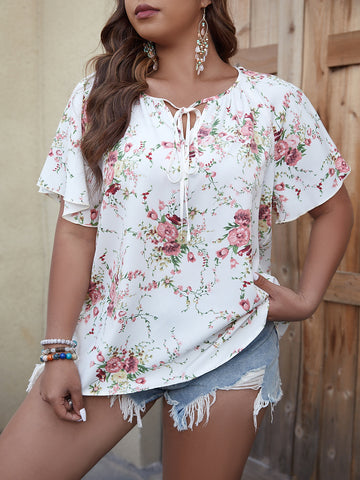 Plus Floral Print Tie Neck Butterfly Sleeve Blouse