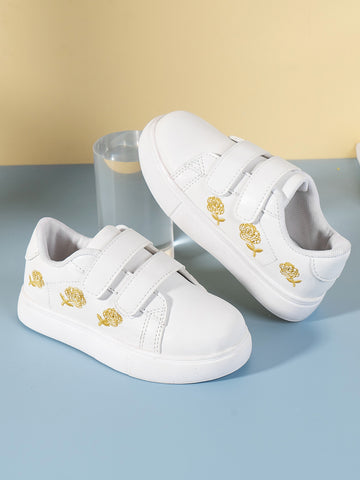 Kids Floral Embroidered Hook-and-loop Fastener Skate Shoes, Sporty Outdoor Sneakers