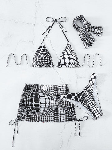 Digital Polka Dot Bikini Set Halter Triangle Bra & High Cut Bikini Bottom & Skirt & Scarf Beach 4 Piece Swimsuit
